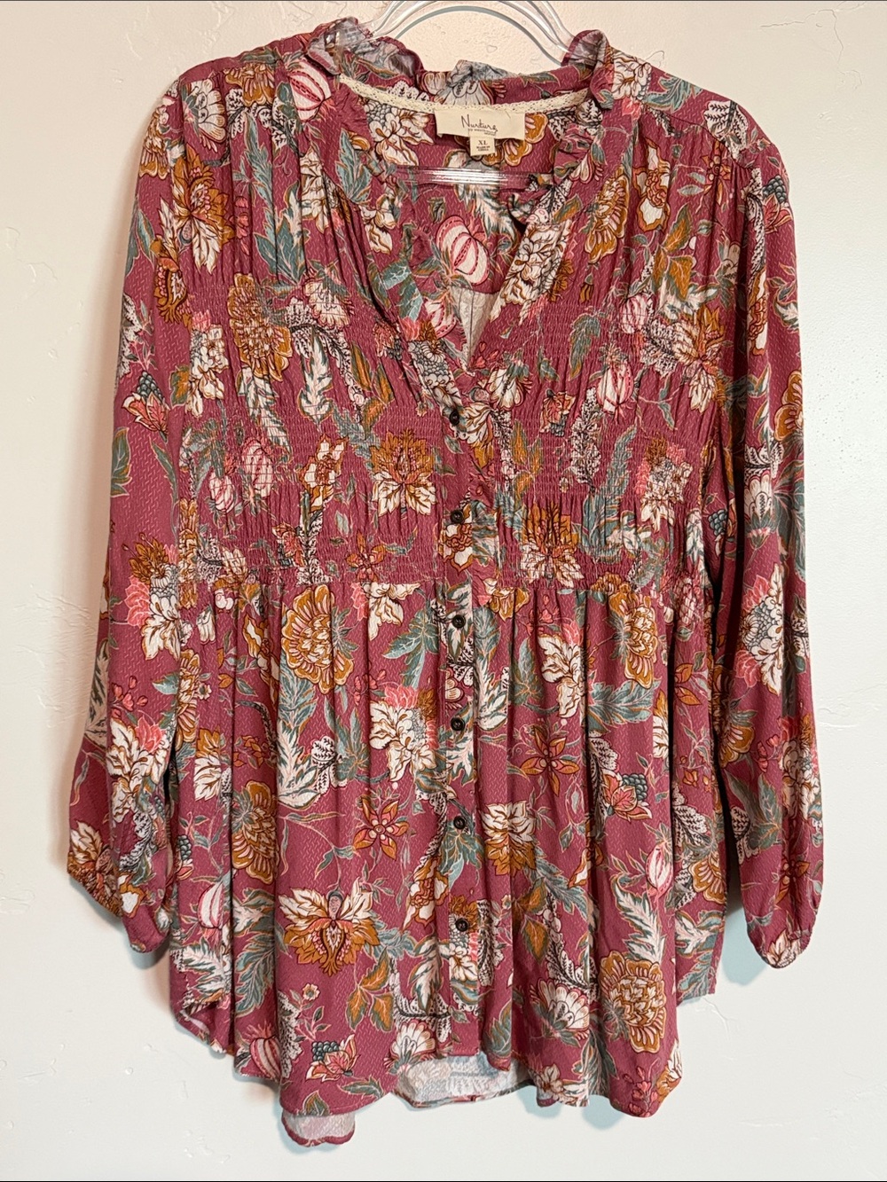 Nurture by westbound Mauve Rose Floral Smocked Button Tunic Boho Flowy Top